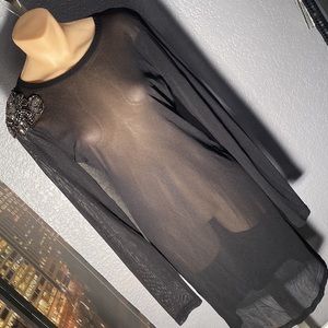 GIANNI BINI - NWT - dress: black sheer l/s w 1 shoulder gunmetal embellished - L